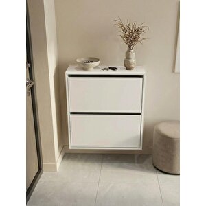 Double Düşer Kapak Beyaz Ayakkabılık Raflı Ayakkabılık 2 Bölmeli