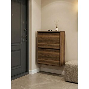 Double Düşer Kapak Ceviz Ayakkabılık Raflı Ayakkabılık 2 Bölmeli