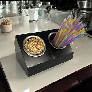 Endüstriyel Tarz 2'li Tek Yuvalı Metal Mutfak Düzenleyici Ve Paslanmaz Çelik Kaseli Çatal Bıçak Kaşık Tutucu  Ve Pipetlik Karıştırıcı Şeker Organizer