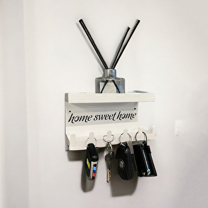 Home Sweet Home Duvara Monte Raflı Ve 6 Kancalı Anahtarlık Askılık - Beyaz
