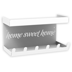 Home Sweet Home Duvara Monte Raflı Ve 6 Kancalı Anahtarlık Askılık - Beyaz