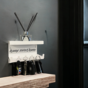 Home Sweet Home Duvara Monte Raflı Ve 6 Kancalı Anahtarlık Askılık - Beyaz