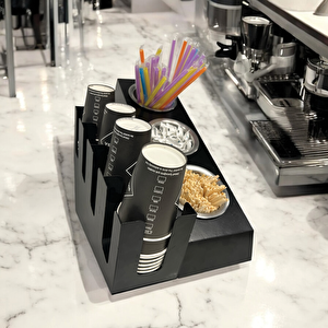 4 Bölmeli 16oz Ve 3 Yuvalı Basamaklı Kahve Standı Düzenleyici Organizer Siyah Renkli Çok Bölmeli Kafe Ve Self-servis İçin Pratik Organizatör