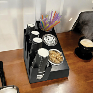 4 Bölmeli 16oz Ve 3 Yuvalı Basamaklı Kahve Standı Düzenleyici Organizer Siyah Renkli Çok Bölmeli Kafe Ve Self-servis İçin Pratik Organizatör
