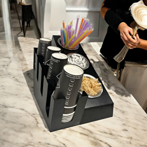 4 Bölmeli 16oz Ve 3 Yuvalı Basamaklı Kahve Standı Düzenleyici Organizer Siyah Renkli Çok Bölmeli Kafe Ve Self-servis İçin Pratik Organizatör
