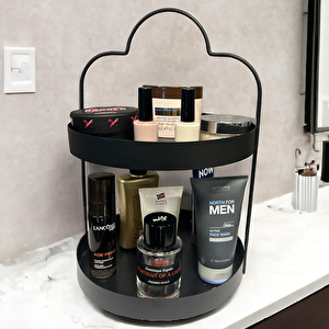 24 Cm Yuvarlak Siyah İki Katlı Banyo Mutfak Makyaj Organizer Rafı Model 1