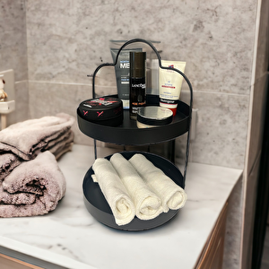 24 Cm Yuvarlak Siyah İki Katlı Banyo Mutfak Makyaj Organizer Rafı Model 1