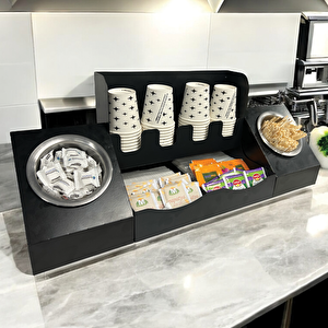 16 Oz Çay Kahve Ve 2' Li Tek Yuvalı Organizer Siyah stand Kahve İstasyonu Düzenleyicisi, Şık Tasarım, Ofis & Self Servis İçin