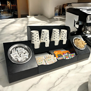 16 Oz Çay Kahve Ve 2' Li Tek Yuvalı Organizer Siyah stand Kahve İstasyonu Düzenleyicisi, Şık Tasarım, Ofis & Self Servis İçin