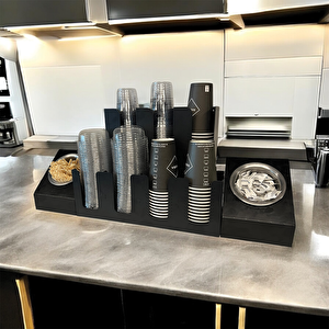 3 Ve 4 Bölmeli Karton Bardaklık + 2' Li Tek Yuvalı  Karistirici Ve Şeker Endüstriyel Mutfak Kahve Aksesuar Düzenleyici Siyah Çok Bölmeli Kafe/ofis Kahve Standı