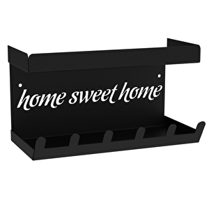 Siyah Raflı Anahtarlık - Home Sweet Home Temalı Kapı Girişi Duvar Askılığı