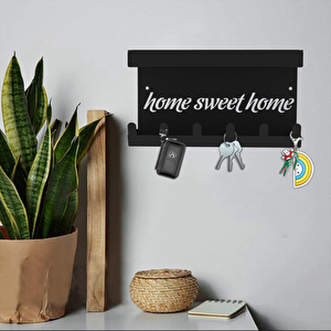 Siyah Raflı Anahtarlık - Home Sweet Home Temalı Kapı Girişi Duvar Askılığı
