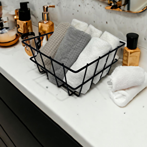 21x21cm Banyo Makyaj Çok Amaçlı Siyah Tel Sepet - Masaüstü Ve Dolap İçi Düzenleyici Organizer Siyah