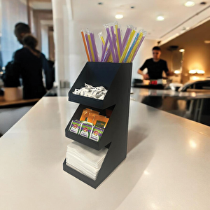 3 Katlı 5 Bölmeli Metal Pipet, Peçetelik, Şekerlik Siyah Organizer Stand Model - 3