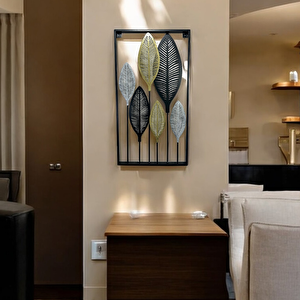 Dekoratif Metal Yaprak Temalı Tablo Gold Gümüş Siyah Renk