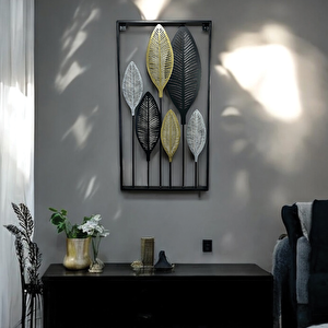 Dekoratif Metal Yaprak Temalı Tablo Gold Gümüş Siyah Renk