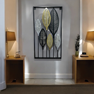 Dekoratif Metal Yaprak Temalı Tablo Gold Gümüş Siyah Renk