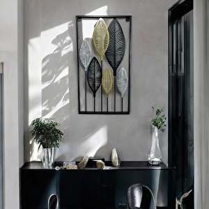 Dekoratif Metal Yaprak Temalı Tablo Gold Gümüş Siyah Renk