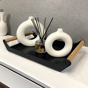 Ahşap Sapli 40x25 Dekorati̇f Metal Tepsi̇ Si̇yah, Sunum, Dekorati̇f Tepsi̇