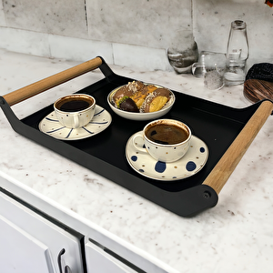 Ahşap Sapli 40x25 Dekorati̇f Metal Tepsi̇ Si̇yah, Sunum, Dekorati̇f Tepsi̇