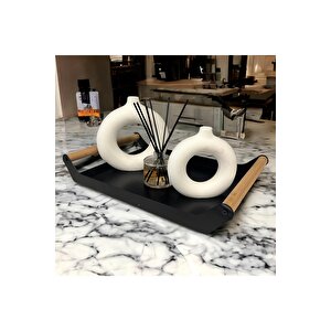 Ahşap Sapli 40x25 Dekorati̇f Metal Tepsi̇ Si̇yah, Sunum, Dekorati̇f Tepsi̇