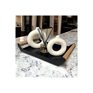 Ahşap Sapli 40x25 Dekorati̇f Metal Tepsi̇ Si̇yah, Sunum, Dekorati̇f Tepsi̇