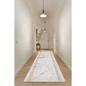 Bianca Vl Eco Dijital Baskı Makinada Yıkanabilir Kaymaz Taban Dekoratif Halı Krem-gold 100x600 cm