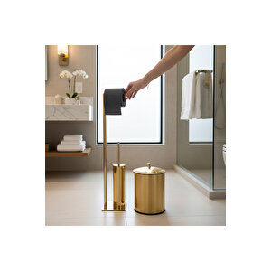 Mat Gold Tuvalet Fırçası Mat Gold Tuvalet Kağıtlığı Mat Gold Çöp Kovası Ayaklı Set Pirinç Malzeme