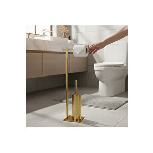 Mat Gold Tuvalet Fırçası Mat Gold Tuvalet Kağıtlığı Mat Gold Çöp Kovası Ayaklı Set Pirinç Malzeme