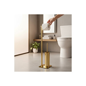 Mat Gold Tuvalet Fırçası Mat Gold Tuvalet Kağıtlığı Mat Gold Çöp Kovası Ayaklı Set Pirinç Malzeme