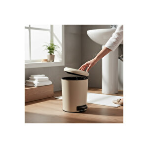 Bej Renk Çöp Kovası Paslanmaz Çelik Krem Bej Banyo Çöp Kovası Yavaş Kapanan Model