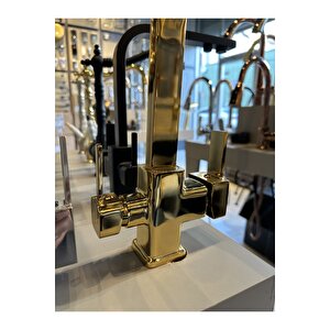 Arıtmalı Mutfak Bataryası Gold Arıtıcılı Evye Musluğu Kare Modern Tasarım Armatür Arıtmalı