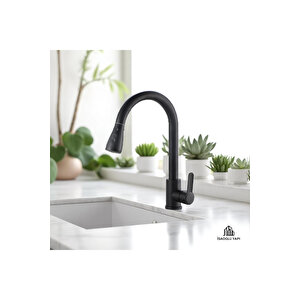 Siyah Spiralli Mutfak Bataryası Mat Siyah Basınç Ayarlı Armatür