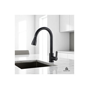 Siyah Spiralli Mutfak Bataryası Mat Siyah Basınç Ayarlı Armatür