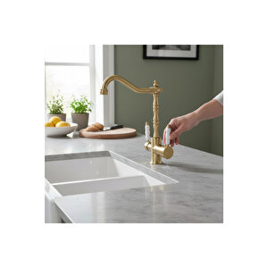 Arıtmalı Evye Bataryası Mat Altın Evye Armatürü Avangart Tasarım Arıtıcılara Uygun Garantili