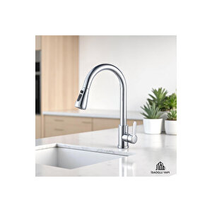 Spiralli Musluk Krom Renk Basınç Ve Tazzik Ayarlı Eviye Armatür 5 Yıl Garantili