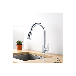 Spiralli Musluk Krom Renk Basınç Ve Tazzik Ayarlı Eviye Armatür 5 Yıl Garantili