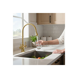 Gold Arıtmalı Mutfak Bataryası Arıtıcılı Evye Armatür Modern Tasarım Özel Üretim Armatür