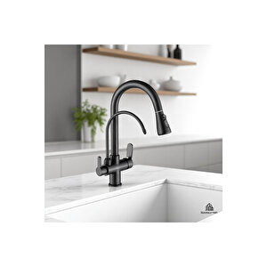 Siyah Spiralli Arıtmalı Yeni Nesil Armatür Evye Bataryası Mat Siyah Tazzikleme Ve Su Basınç Ayarlı