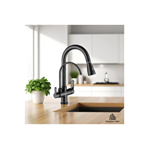 Siyah Spiralli Arıtmalı Yeni Nesil Armatür Evye Bataryası Mat Siyah Tazzikleme Ve Su Basınç Ayarlı