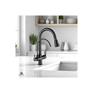 Siyah Spiralli Arıtmalı Yeni Nesil Armatür Evye Bataryası Mat Siyah Tazzikleme Ve Su Basınç Ayarlı