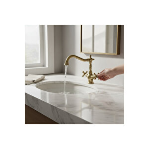 Antik Gold Klasik Lavabo Bataryası Country Tasarım Eskitme Gold Rustik Lavabo Armatür