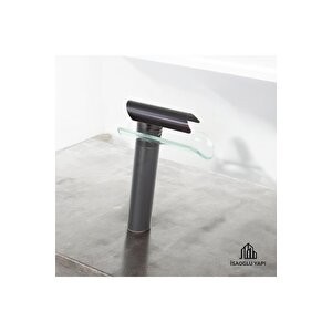 Antik Siyah Çanak Lavabo Bataryası Glass Design Yüksek Armatür Çanak Musluk