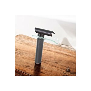 Antik Siyah Çanak Lavabo Bataryası Glass Design Yüksek Armatür Çanak Musluk