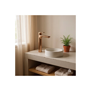 Bakır Çanak Lavabo Bataryası Bronz Çanak Armatür Yüksel Model Pirinç Materyal Rose Bakır Batarya