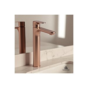 Bakır Çanak Lavabo Bataryası Bronz Çanak Armatür Yüksel Model Pirinç Materyal Rose Bakır Batarya