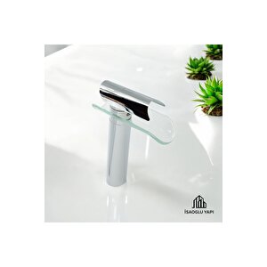 Gümüş Çanak Lavabo Bataryası Glass Design Çanak Musluk Yüksek Model Krom