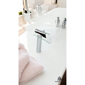Gümüş Çanak Lavabo Bataryası Glass Design Çanak Musluk Yüksek Model Krom