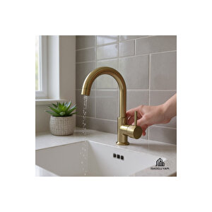 Mat Gold Yüksek Model Leylak Lavabo Bataryası Dönebilen Boru Mat Altın Renk Lavabo Musluğu