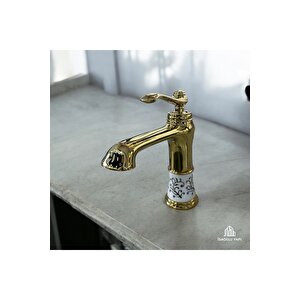 Gold Vintage Lavabo Bataryası Porsalen Tasarım Pirinç Armatür 5 Yıl Garantili